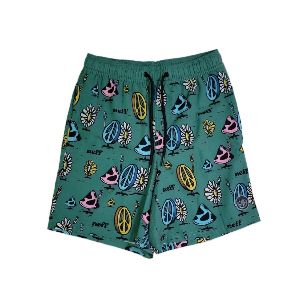 Neff Men's Medium Green Peace Sign Daisy Graphic Swim Trunks Board Shorts